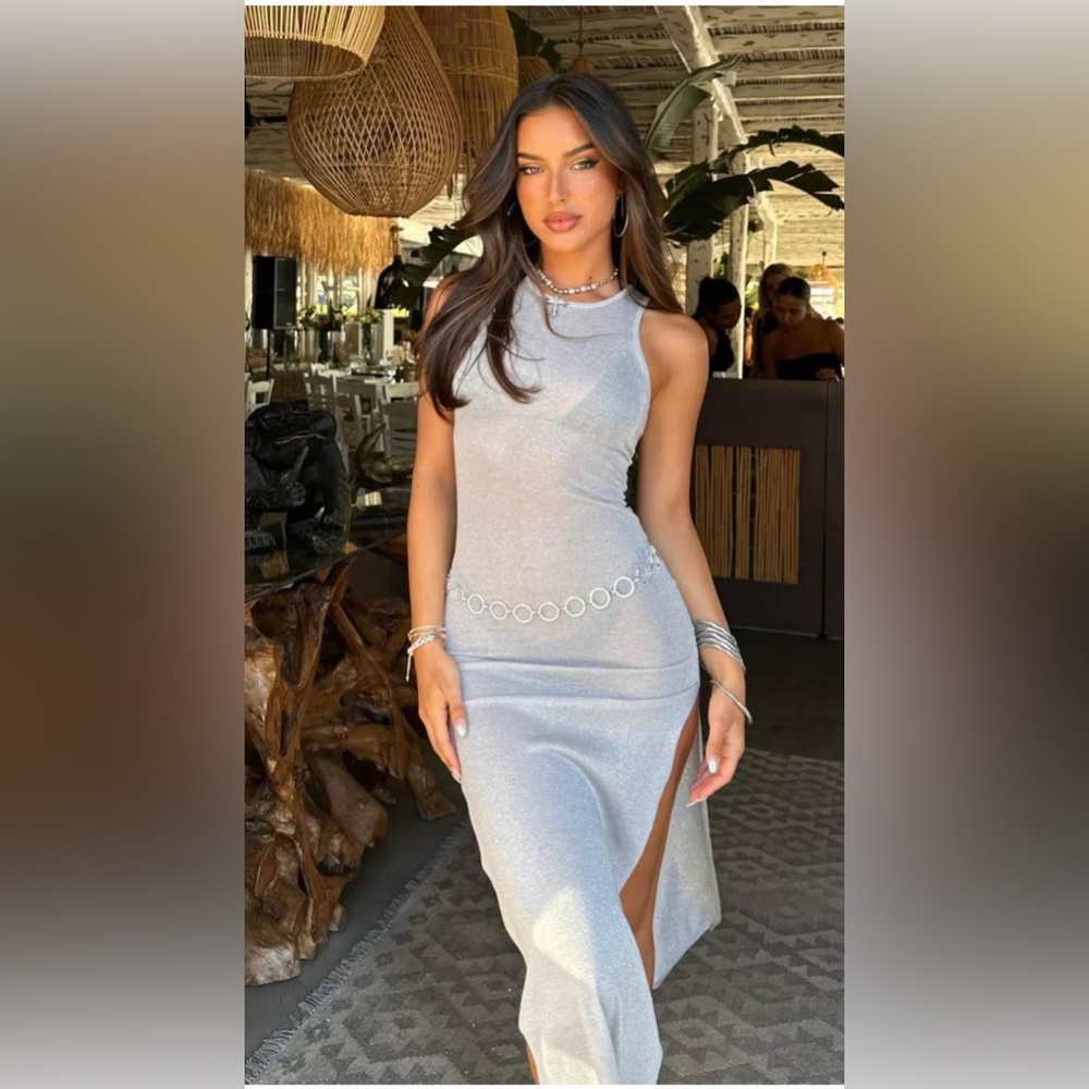 White Fox Boutique Shimmering Silver Midi Dress